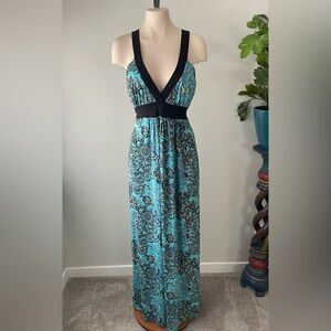 Papillon Maxi Dress Deep V Waist Tie Up Blue Black Size Medium